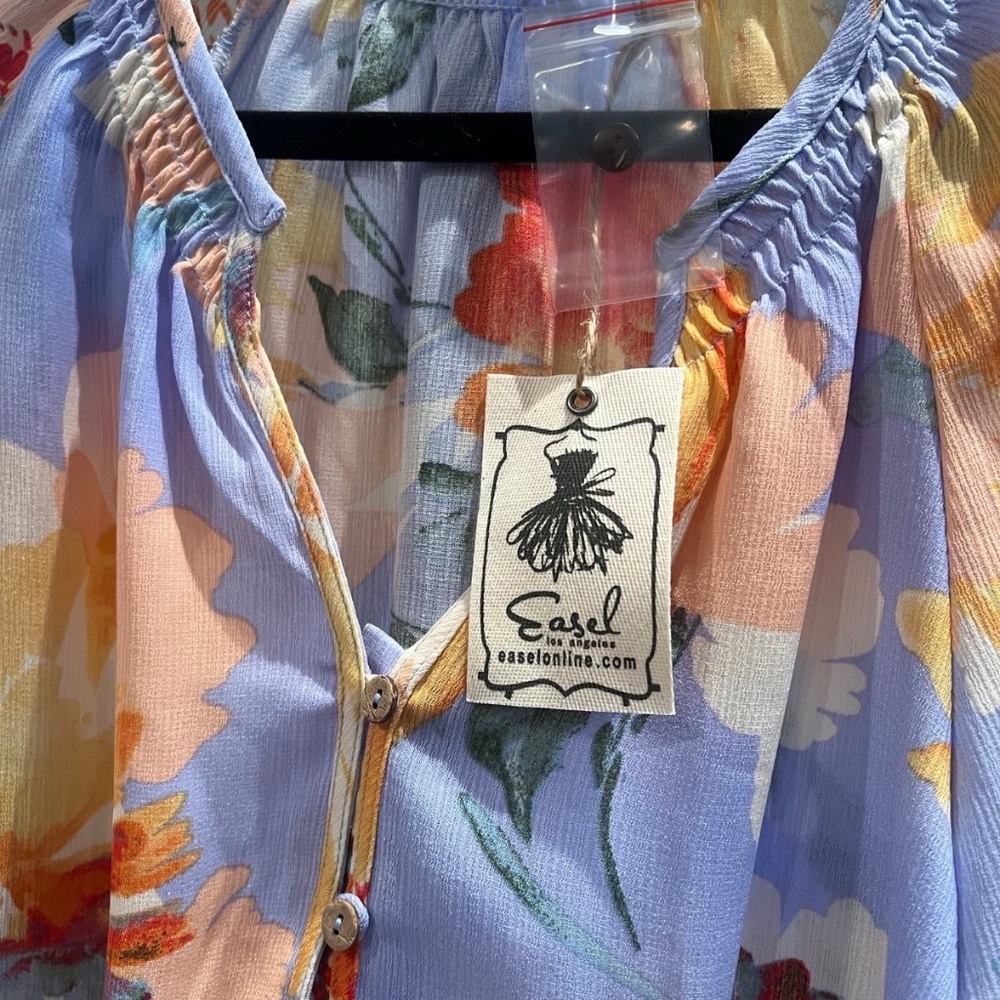easel Floral Button-Front Blouse in Lavender, Yellow, Orange - Picture 4 of 11